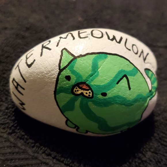 Watermeowlon Watermelon Cat Painted Rock OOAK Art - Picture 1 of 3